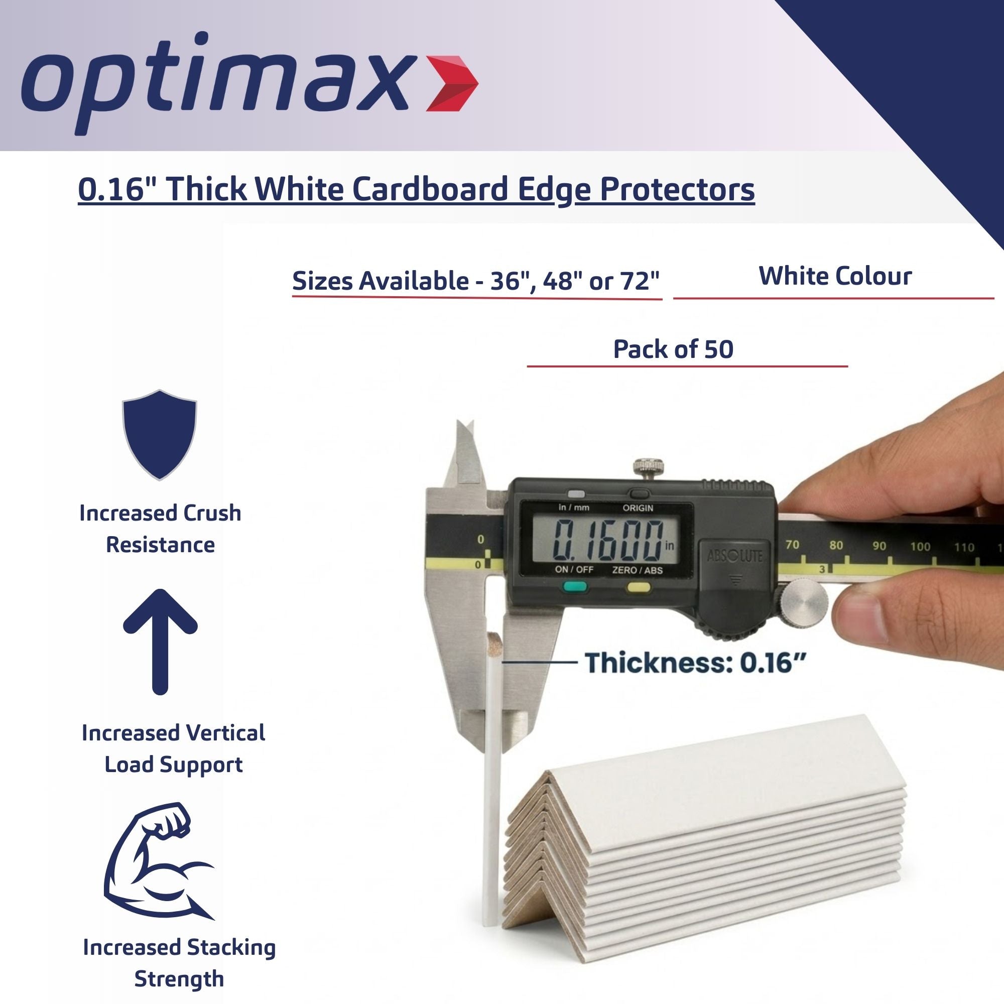 White Cardboard Edge Protectors – 3" x 3" x 24" (0.16" Heavy Duty) – 50 Pack