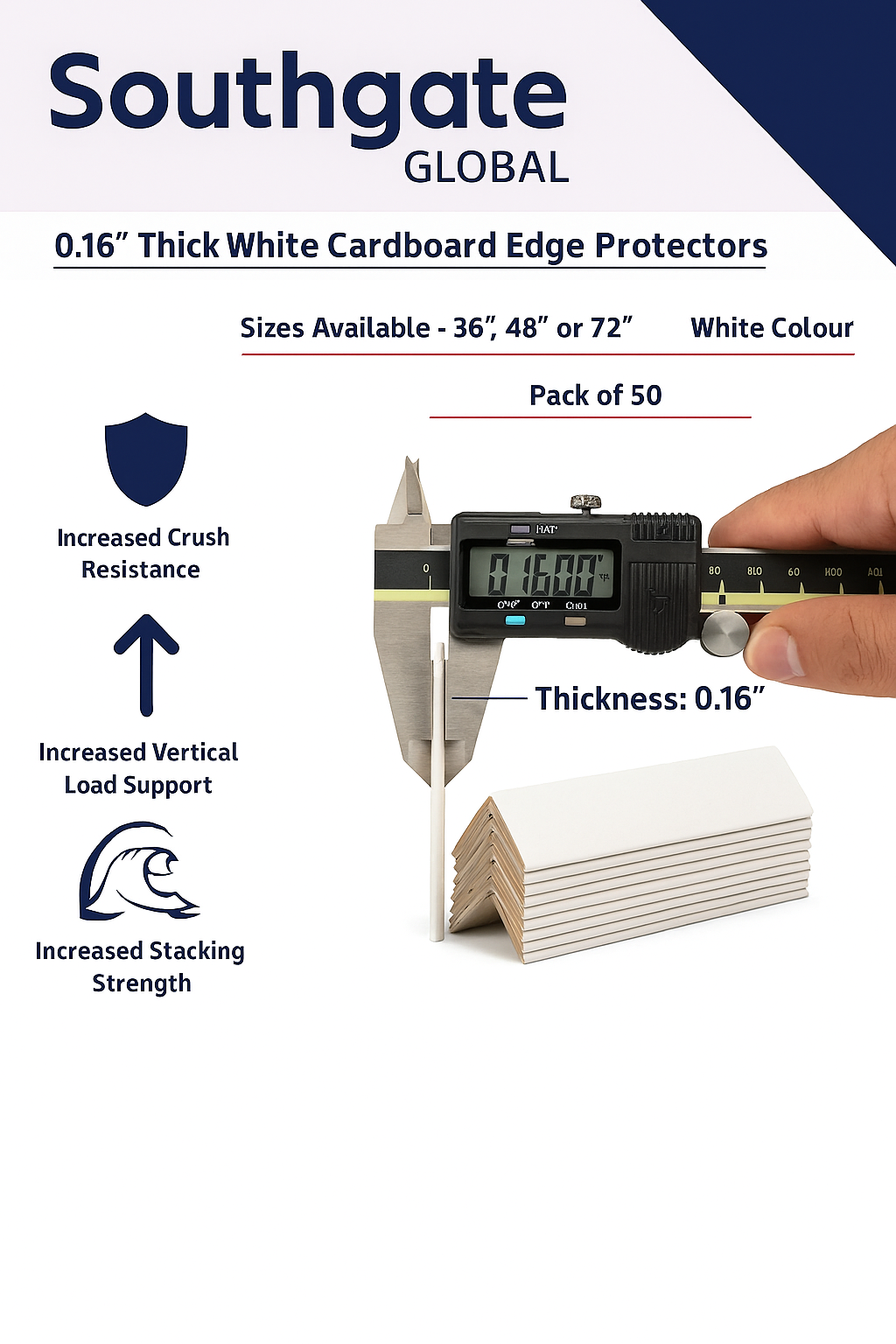 White Cardboard Edge Protectors – 3" x 3" x 36" (0.16" Heavy Duty) – 50 Pack