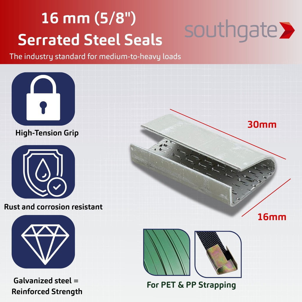 16mm Serrated Steel Seals for 5/8" PET & PP Strapping | Heavy-duty Packaging Seals