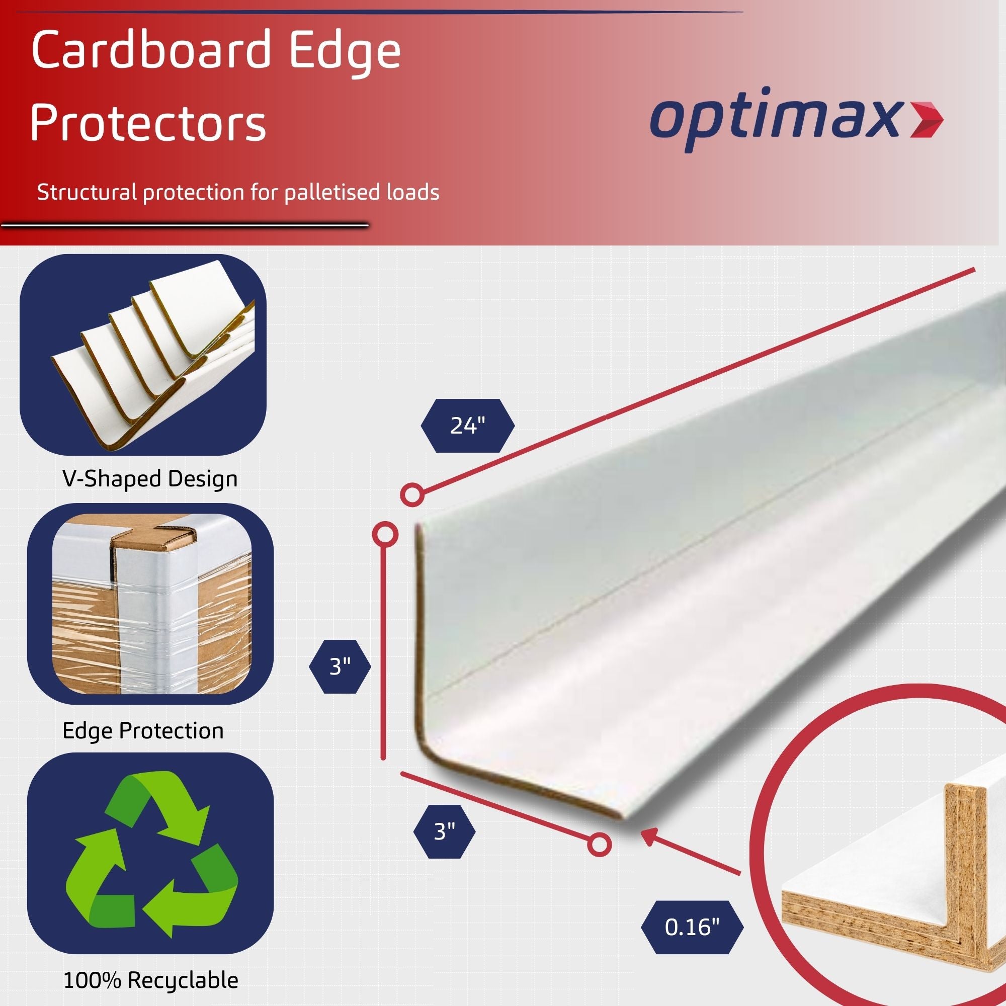 White Cardboard Edge Protectors – 3" x 3" x 24" (0.16" Heavy Duty) – 50 Pack
